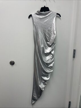 Sleeveless Asymmetric Draped Dress in Metallic Silver